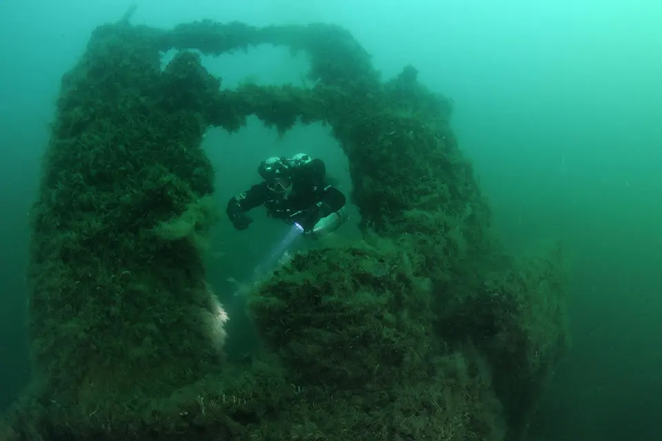 Aquarius Romania wreck research, Russian submarine SC-213 Diver exploring the Russian submarine SC-213 during Aquarius Romania wreck research